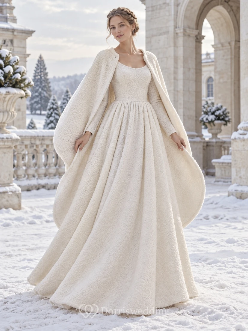 Modest Long Sleeve Scoop Neck A-line Wedding Draped Cape Dress