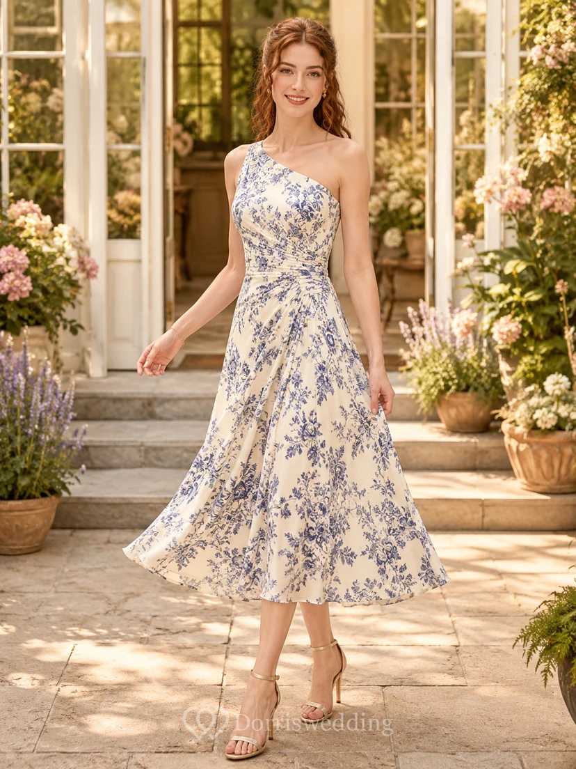 Blaues, geblümtes Gartenhochzeitsgastkleid, A-Linie, Chiffon, One-Shoulder, ärmellos, Teelänge, Blumenmuster