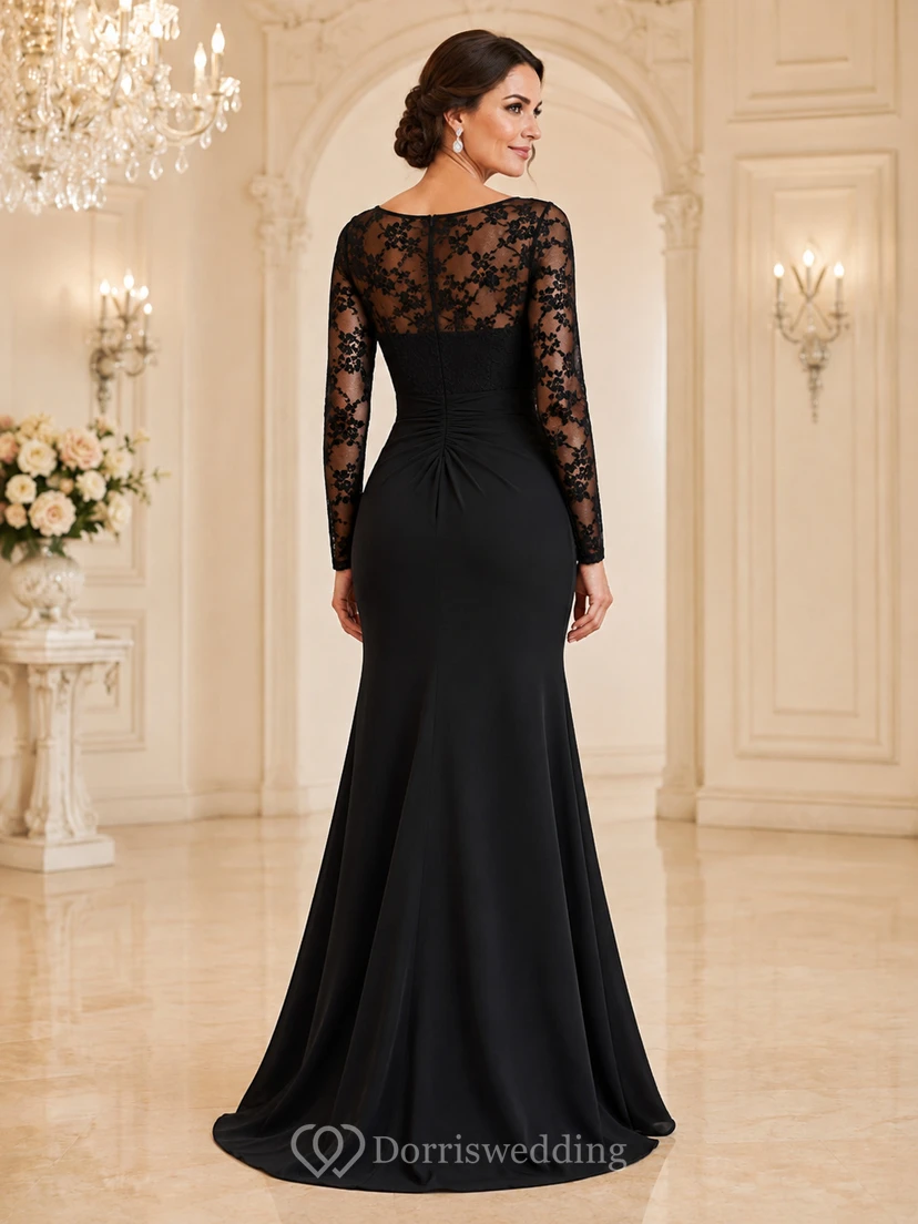 Schwarzes, elegantes Meerjungfrauen-Abendkleid mit langen Ärmeln und Illusionsspitze, U-Boot-Ausschnitt, für festliche Anlässe view 2