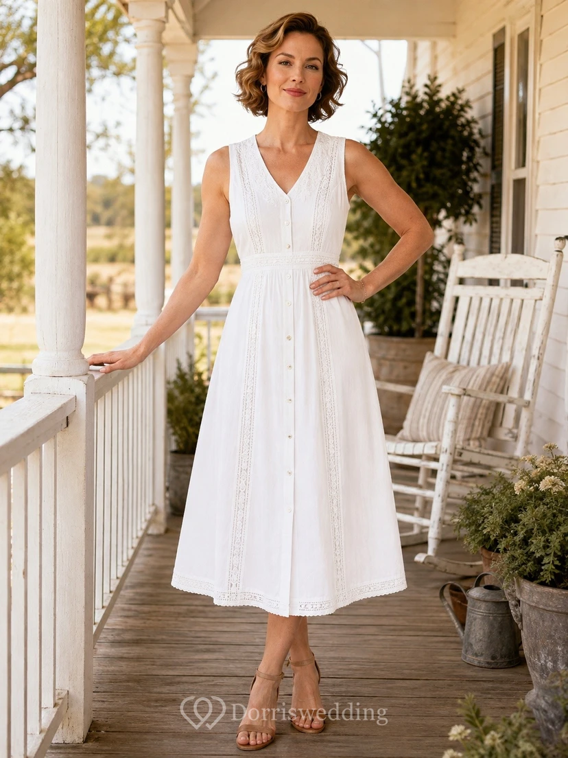 Vestido de campo blanco sin mangas con tirantes y escote en V, largo hasta la rodilla, ideal para invitadas.