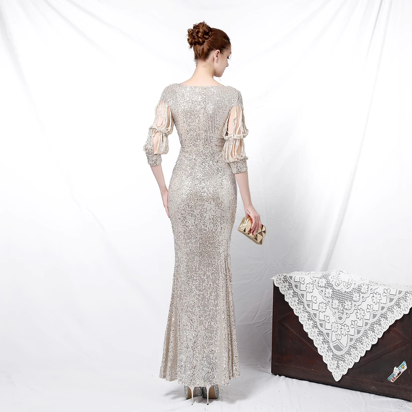 Elegantes, langärmeliges Paillettenkleid im Meerjungfrauenstil mit Meerjungfrauenschnitt – perfekt für festliche Anlässe. view 25