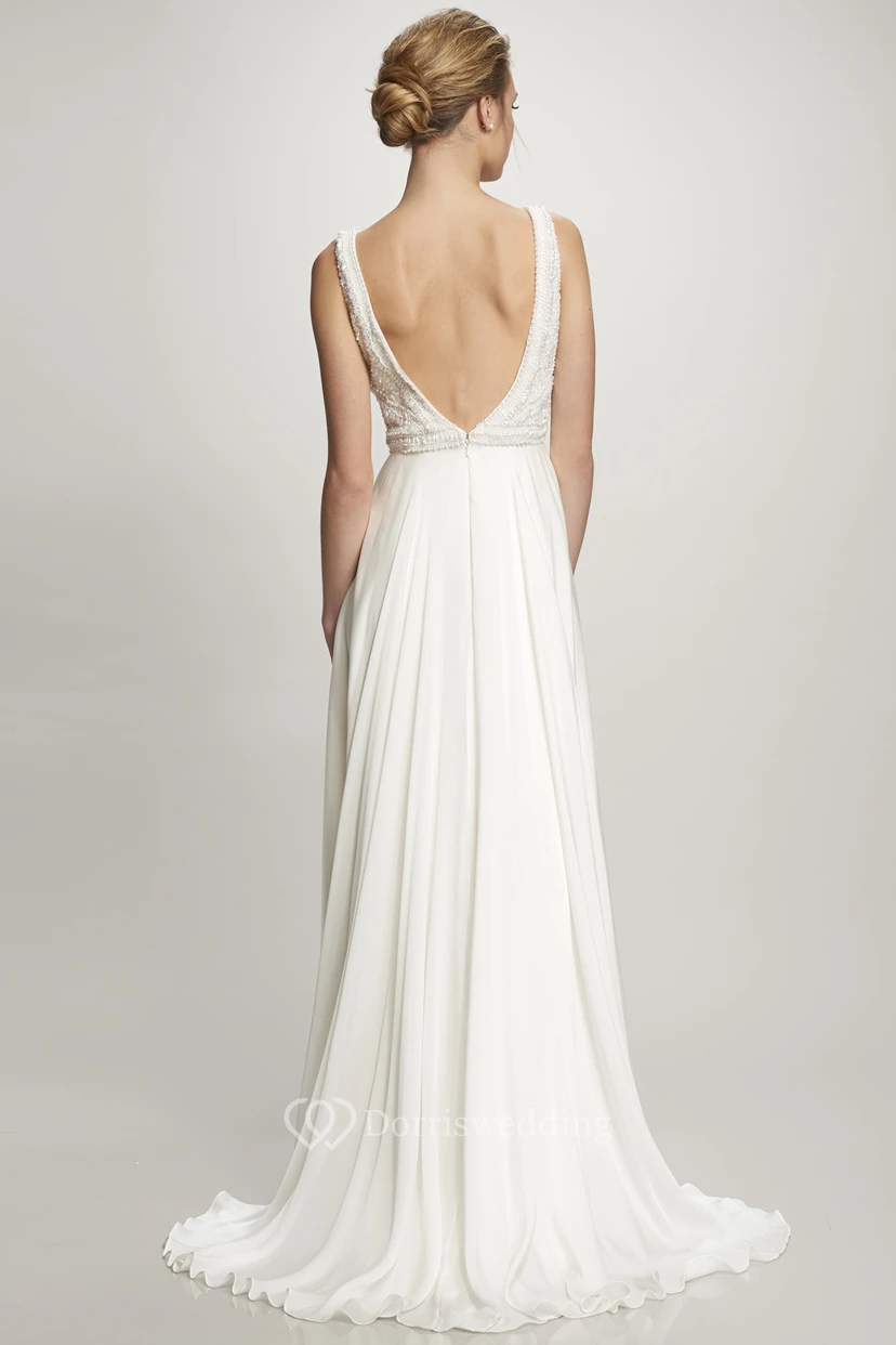 V-Neck Long Beaded Chiffon Wedding Dress With Sweep Train And V Back view 2