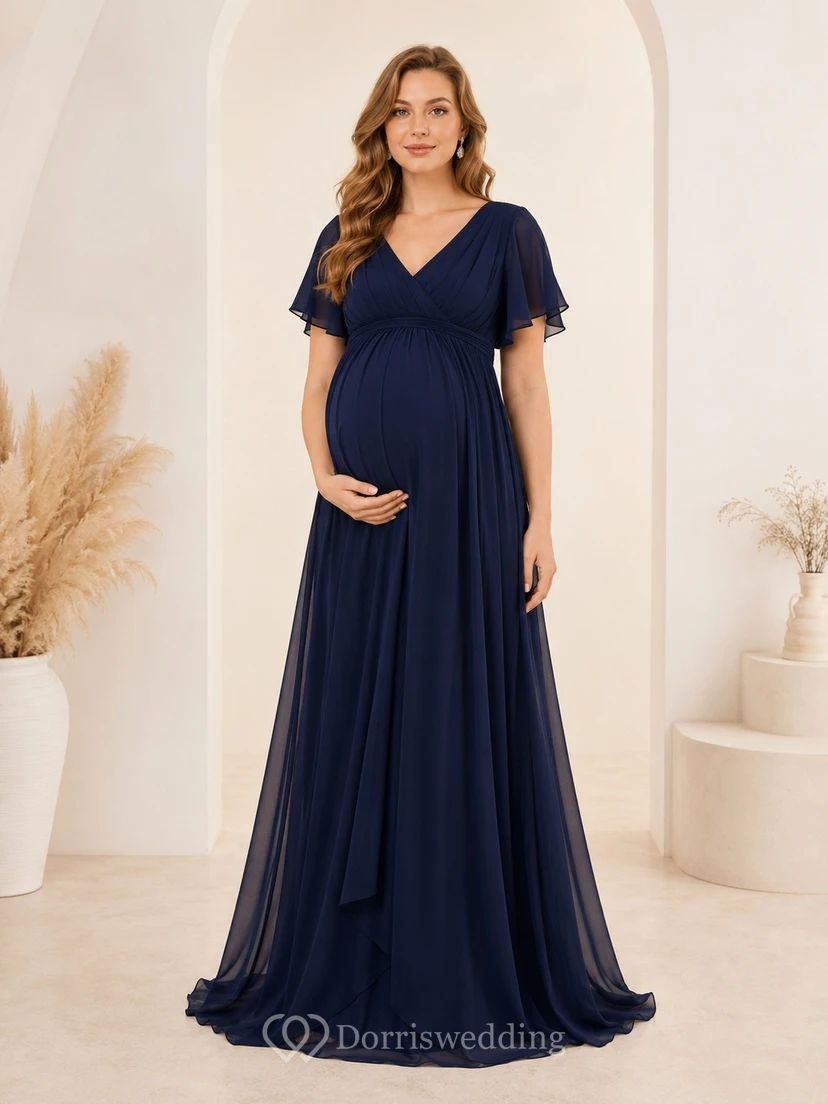 Maternity Navy V-Neck Flutter Sleeve Empire Floor-Length Formal Dress