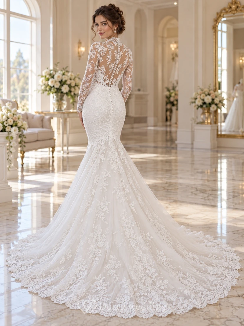 Mermaid High Neck Long Sleeve Illusion Lace Bridal Wedding Dress view 2