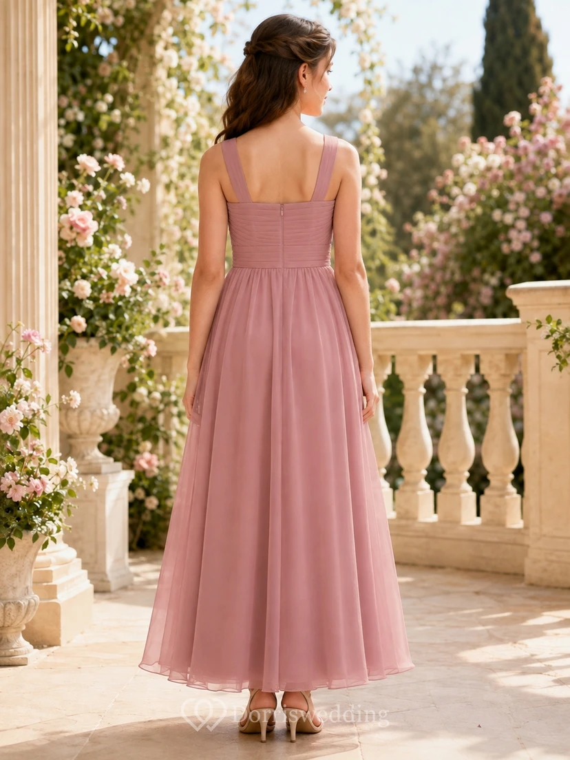 Romantisches, ärmelloses Chiffon-Brautjungfernkleid in Altrosa mit quadratischem A-Linien-Schnitt und Teelänge view 2