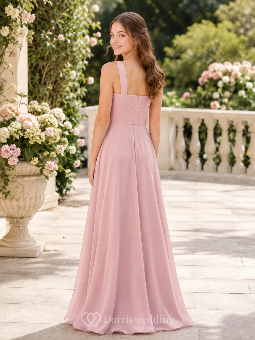 Vestido de dama de honor juvenil rosa perla, corte en A, sin mangas. view 2