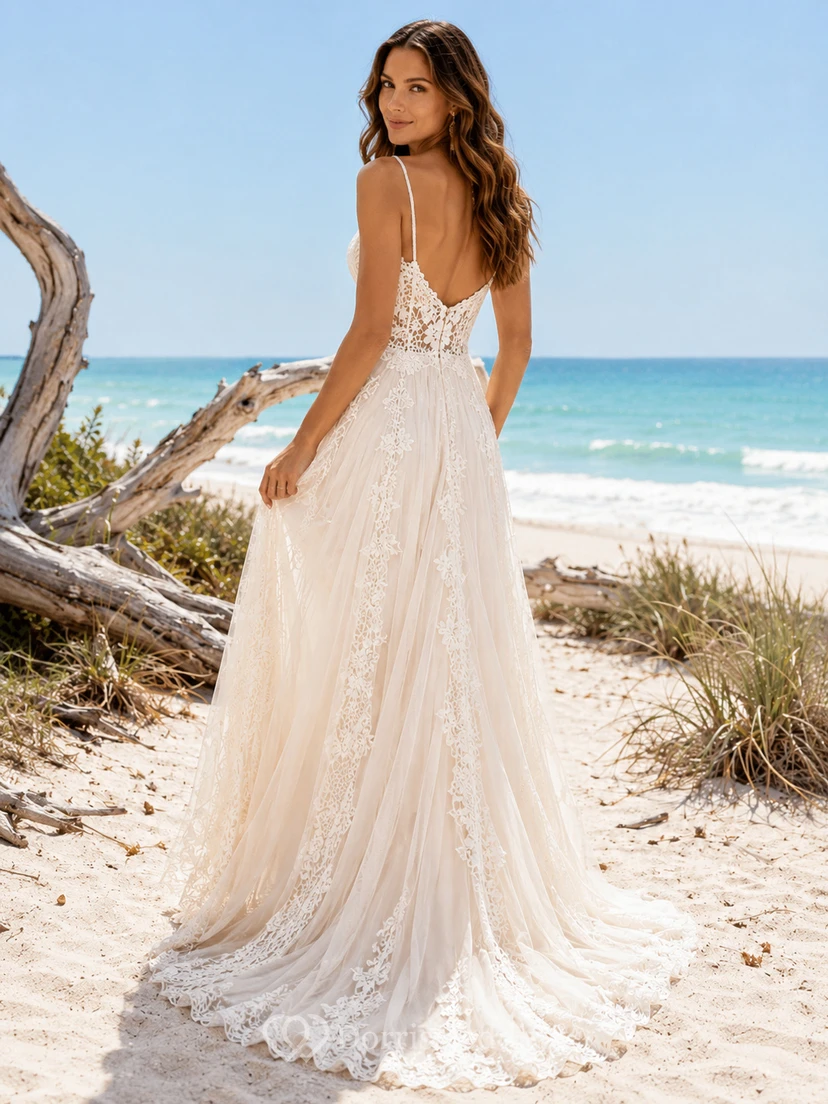 Bohemian V Neck Lace Wedding A Line Sleeveless Chapel Train Beach view 2