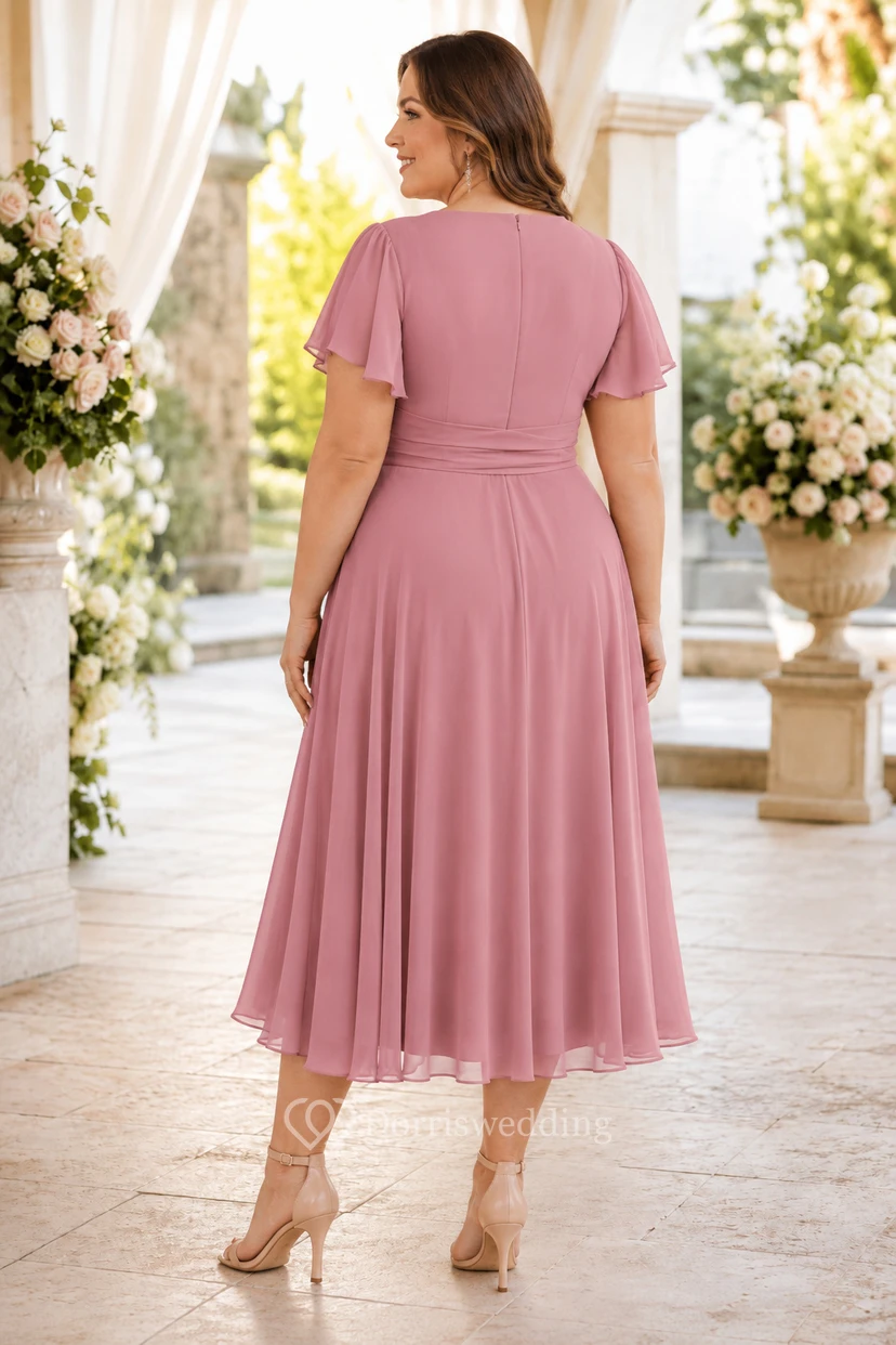 Vestido de gasa de talla grande con escote en V y largo hasta la rodilla en color rosa empolvado view 2