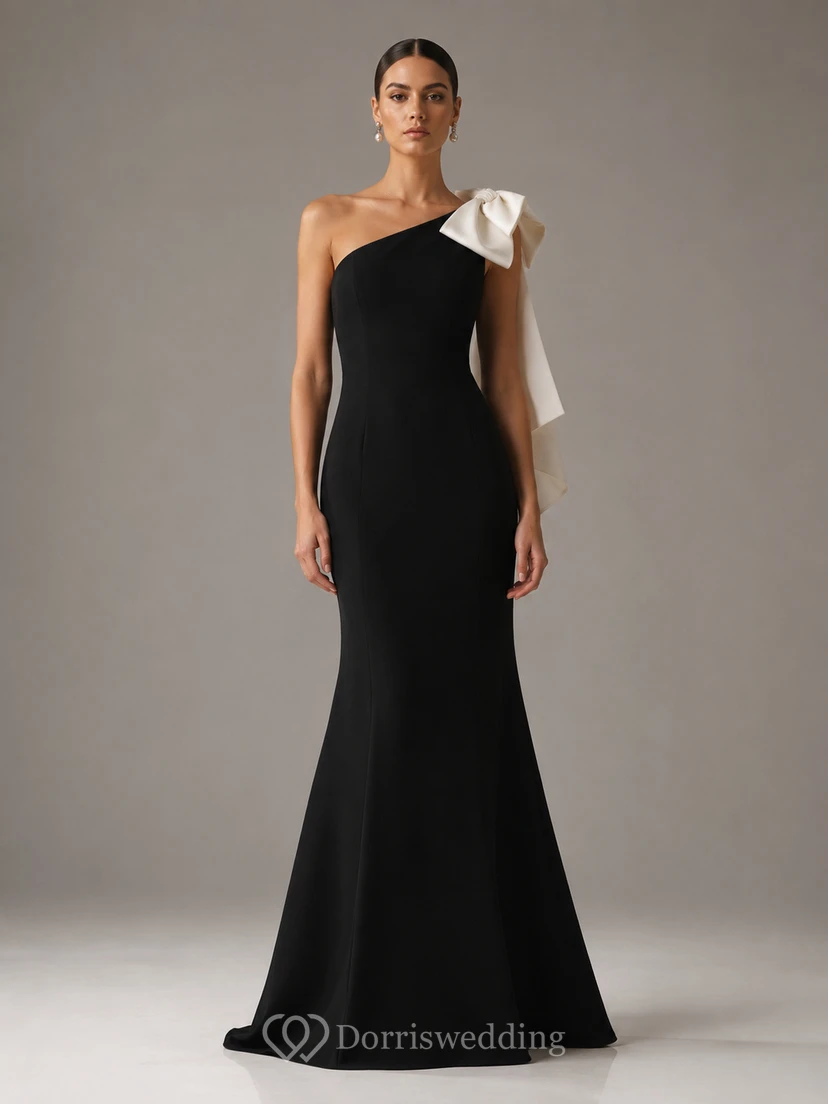 Mermaid Satin Evening Dress with One-Shoulder, Sleeveless and Bow(s) Drape, Floor Length