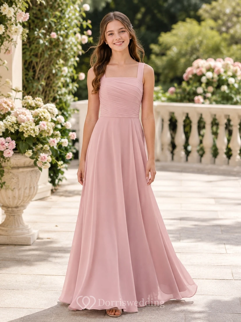 Vestido de dama de honor juvenil rosa perla, corte en A, sin mangas.