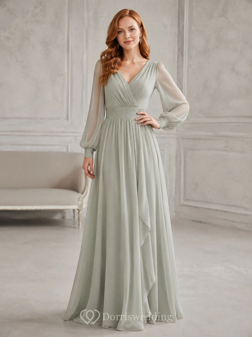 Sage V-Neck Long Sleeve Chiffon A-Line Deep-V Back Floor-Length Dress