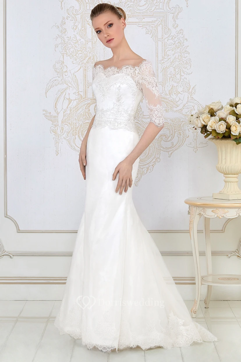 Sheath Floor-Length Appliqued Bateau-Neck Half-Sleeve Lace&Satin Wedding Dress view 3