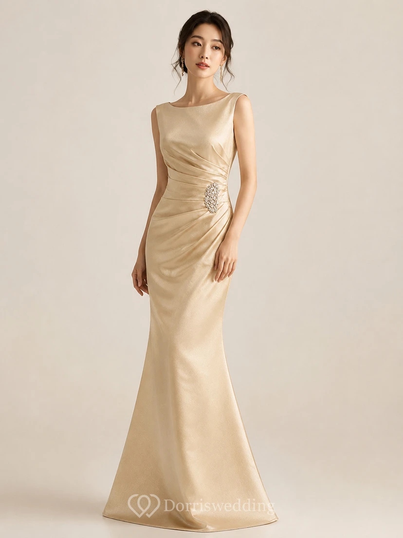 Cap-sleeved Bateau-neck Satin Gown With Beadings view 6