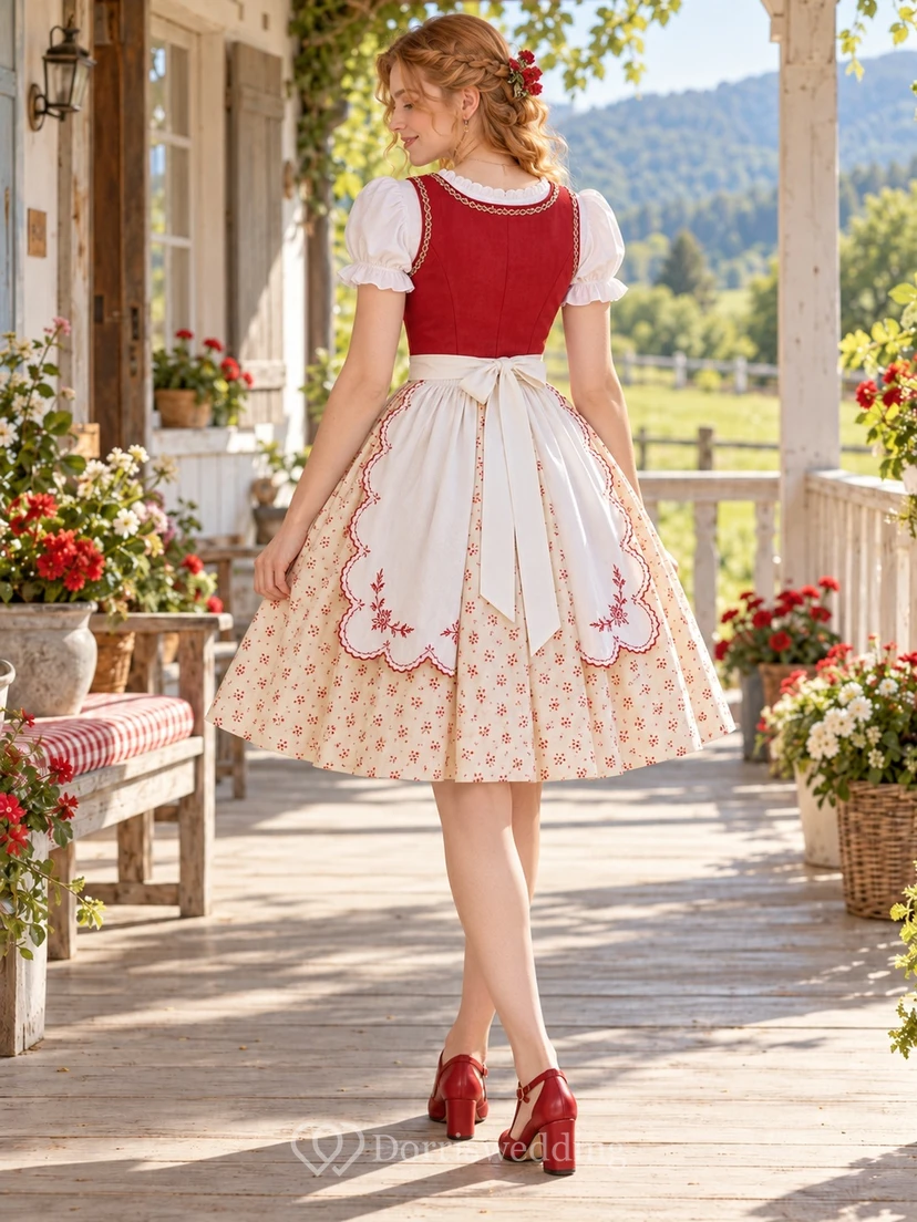 Vintage Red Sweetheart Puff Sleeve Scalloped Apron Dirndl Dress view 2