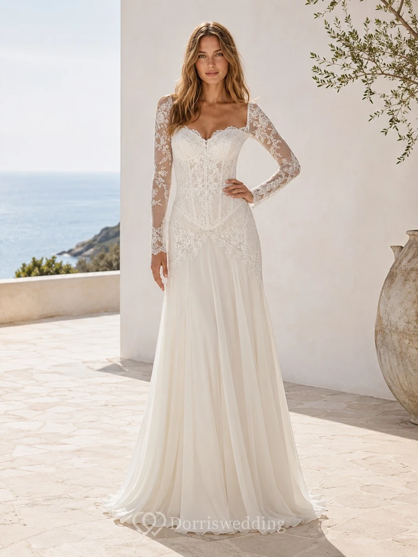 Vestido de novia bohemio de manga larga estilo tubo con cintura baja y encaje
