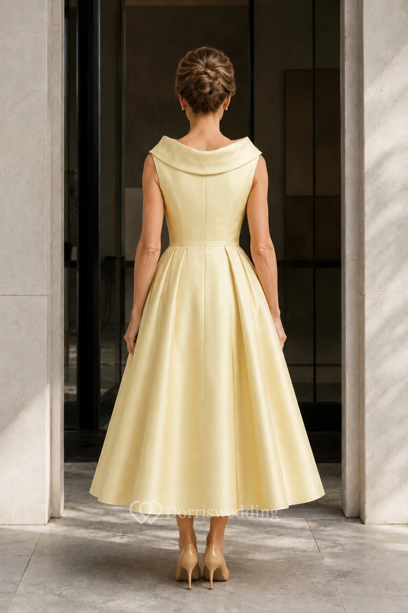 MOB-Kleid, narzissengelb, Satin, A-Linie, U-Boot-Ausschnitt, Teelänge, drapiert view 2