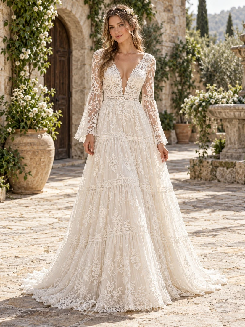 Boho Long Bell Sleeve V-Neck Banded Lace Wedding Dress