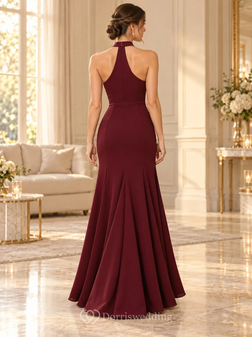 Simple Mermaid Burgundy High Neck Halter Flared Panel Formal Gown view 2