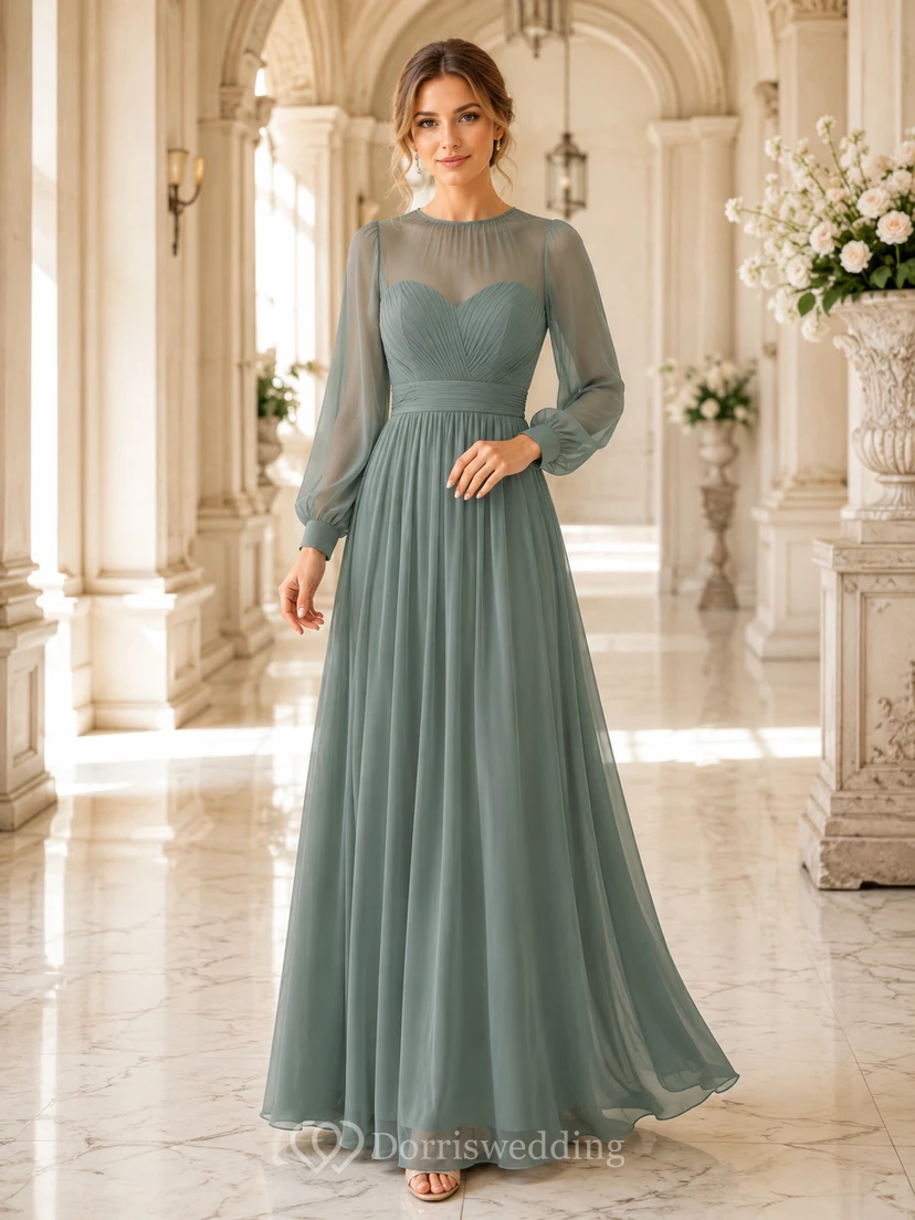 Salbeigrünes Abendkleid aus Chiffon mit Illusion-Effekt, langen Ärmeln und Falten in A-Linie