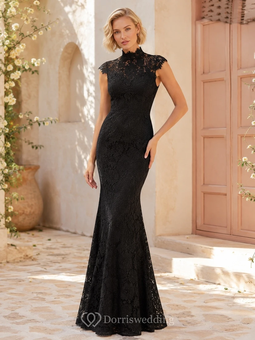 Elegantes schwarzes Meerjungfrauen-Abendkleid mit hohem Kragen, kurzen Ärmeln und Spitze, bodenlang