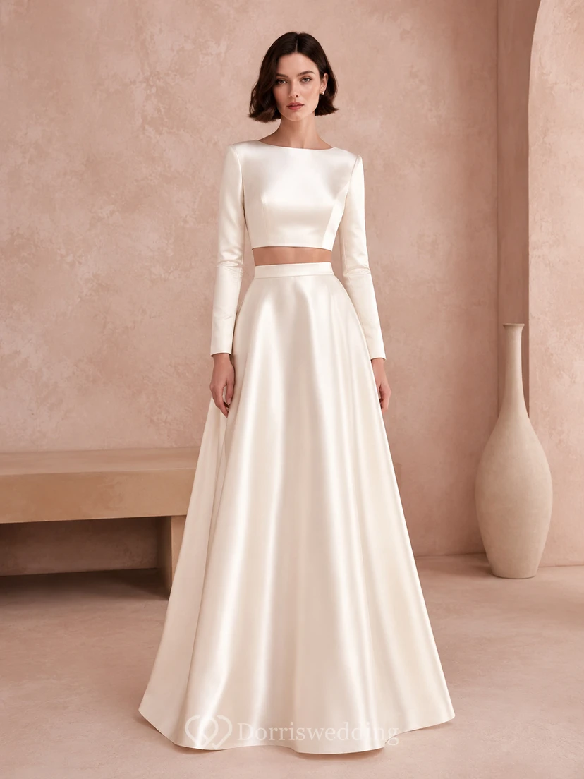 Robe de mariée deux pièces en satin à manches longues et coupe trapèze, style bateau