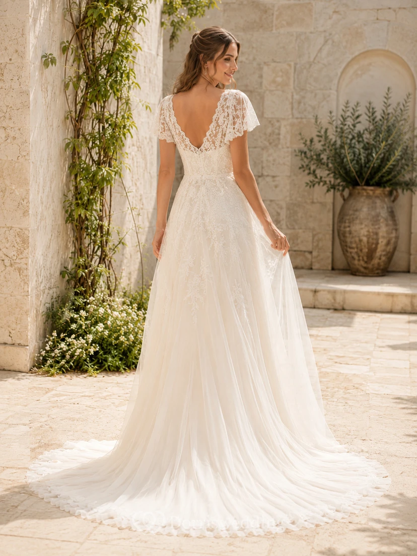 Brautkleid mit V-Ausschnitt, flatternden Ärmeln, Chiffonspitze und A-Linien-Schnitt view 2