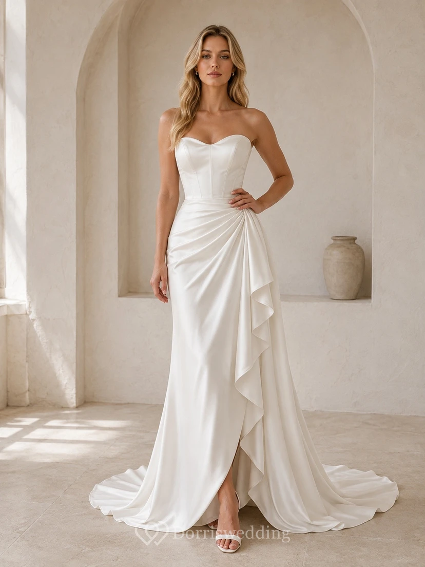 Schlichtes, bodenlanges, ärmelloses Brautkleid mit Herzausschnitt im Meerjungfrauen-/Trompetenstil für formelle Anlässe