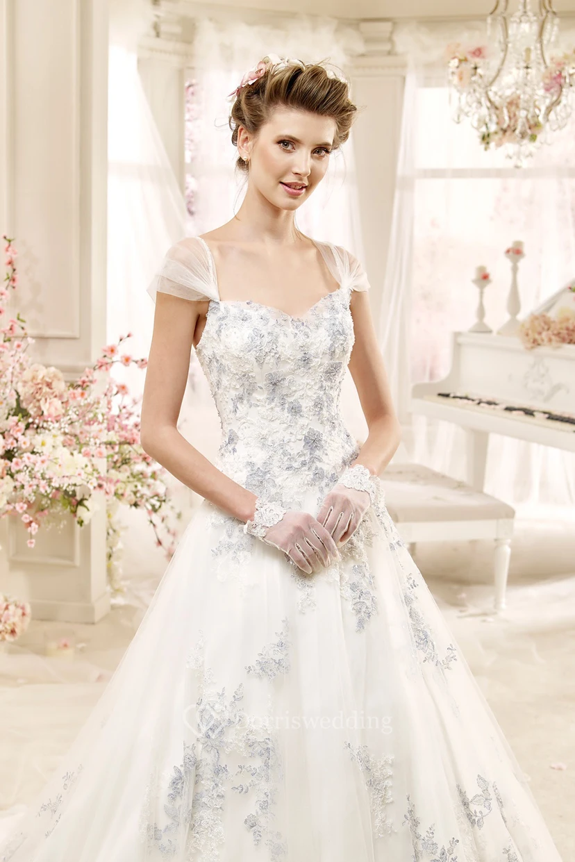 Romantic Sweetheart A-line Wedding Dress with Beaded Flowers and Brush Train view 3