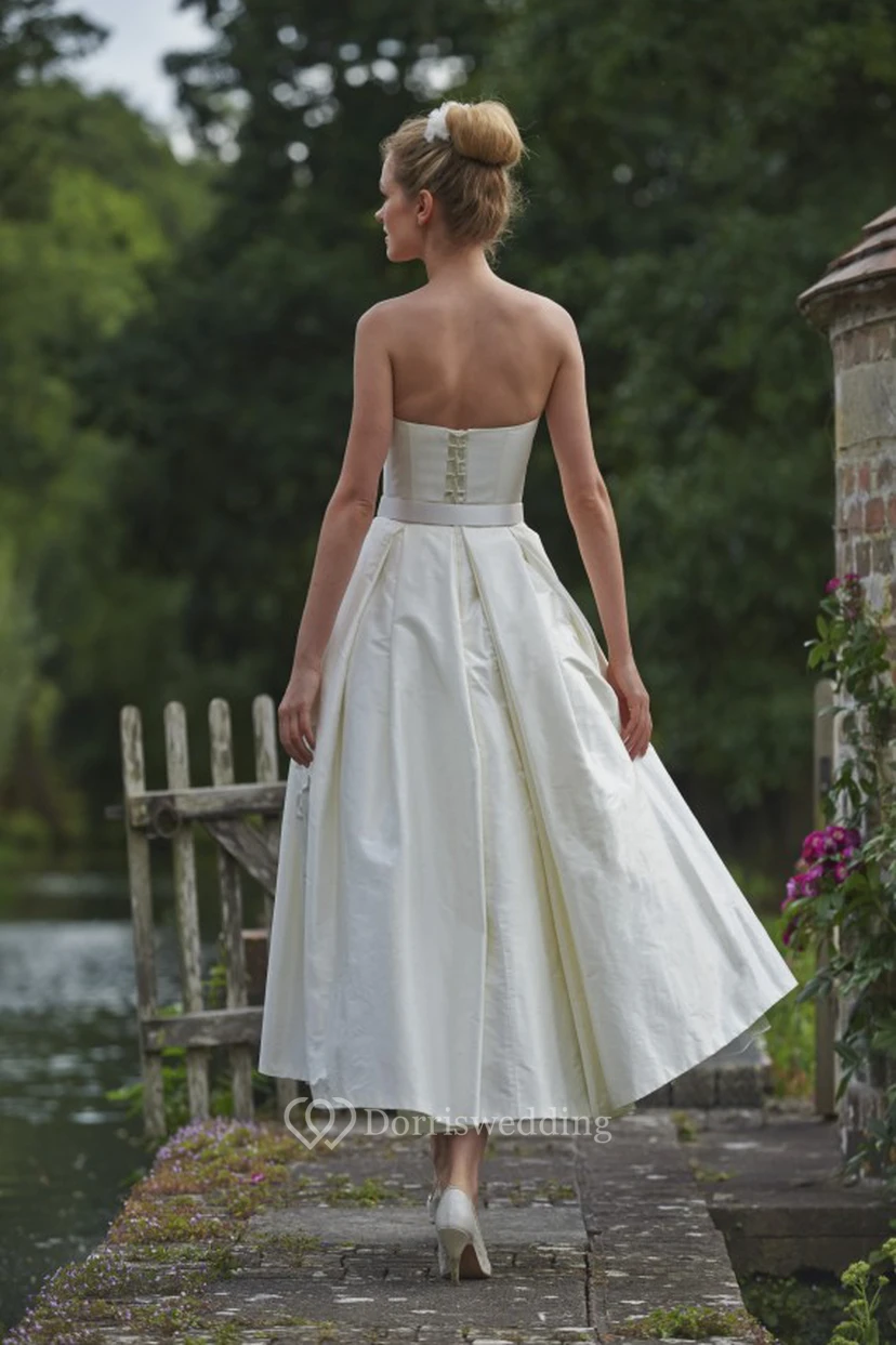Tea-Length Sweetheart Sleeveless Taffeta Wedding Dress view 2