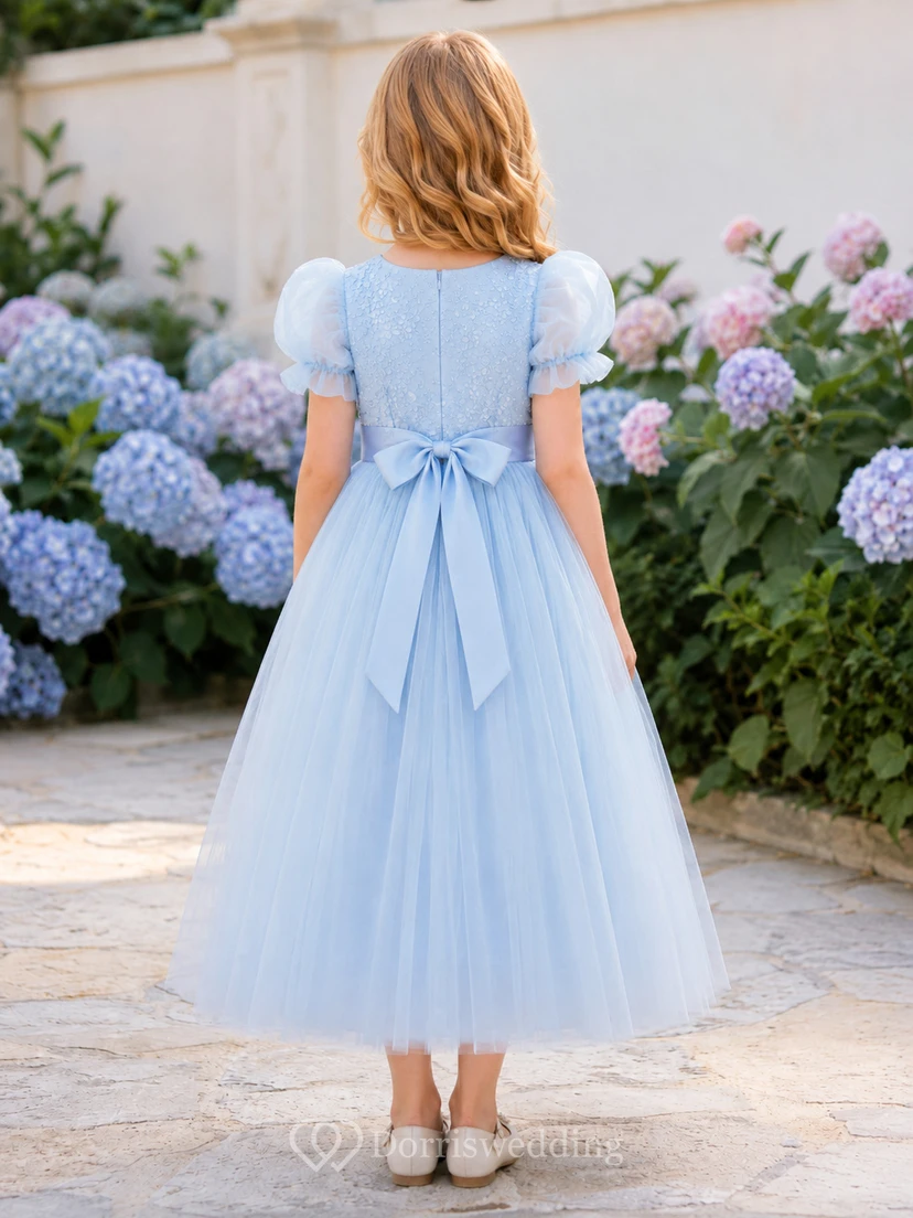 Flower Girl Dress Sky Blue Tulle A-Line Jewel Neck Tea Length Bow Back view 2