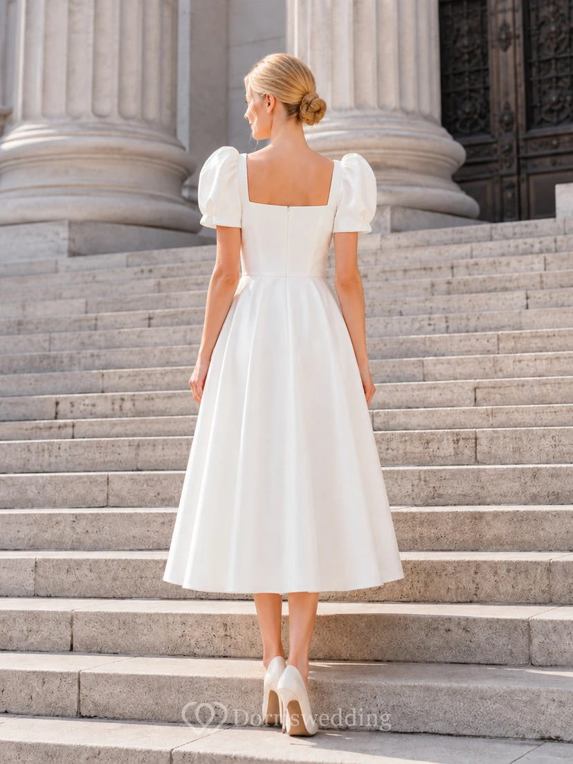 Simple Square Neck Puff Sleeve Satin Tea Length Courthouse Wedding Dress view 2