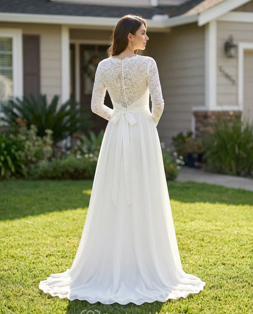 Robe de mariée modeste en dentelle et mousseline à col bateau view 2