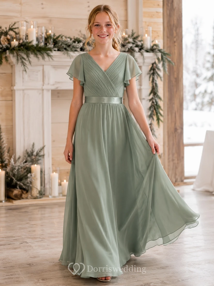 Celadonfarbenes Brautjungfernkleid für junge Damen, A-Linie, V-Ausschnitt, kurze Blütenblattärmel, Falten-Detail, elegant