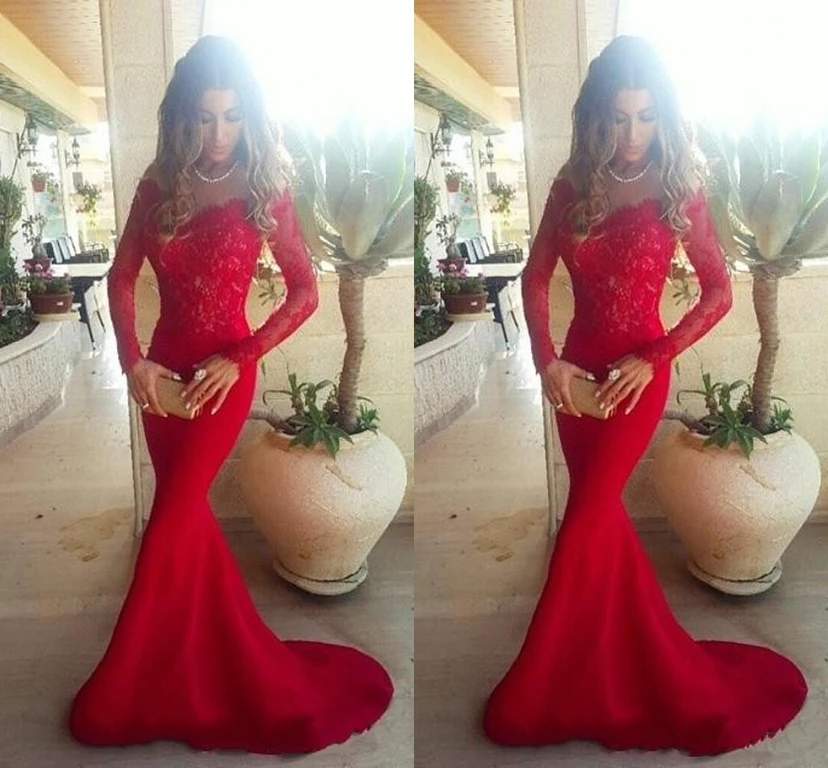 Sexy Red Lace Appliques Mermaid Prom Dress Sweep Train Long Sleeve view 2