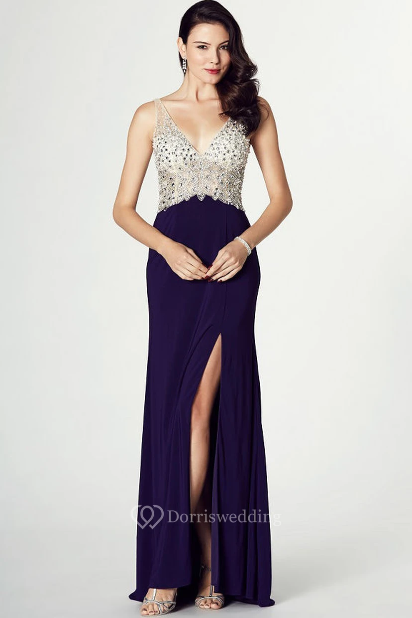 V-Neck Sleeveless Beaded Jersey Prom Dress