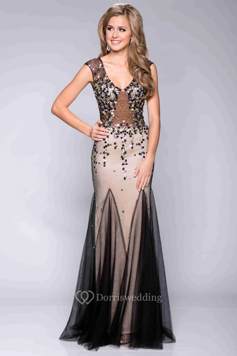 Cap Sleeve V-Neck Sequined Prom Dress Featuring Special Skirt