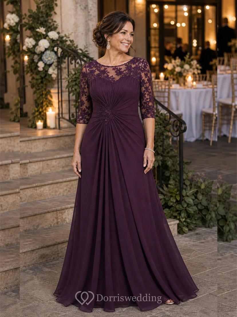Half-Sleeved A-Line Long Mother Of The Bride Dress With Keyhole Back And Appliques view 7