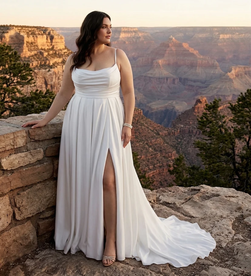 Plus Size Simple Spaghetti Strap A-Line Wedding Dress with Side Slit