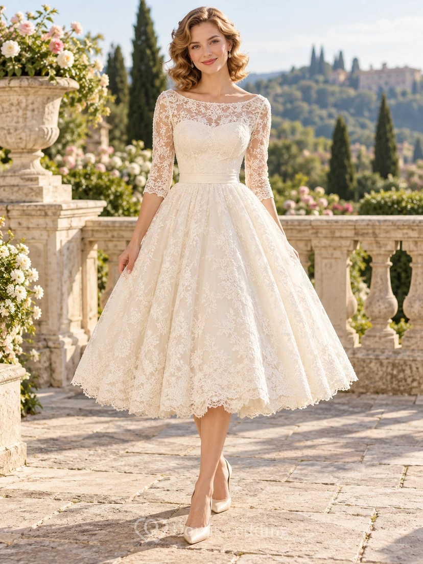Vintage Tea-length Bateau Neck Lace Three Quarter Sleeve Wedding Dress