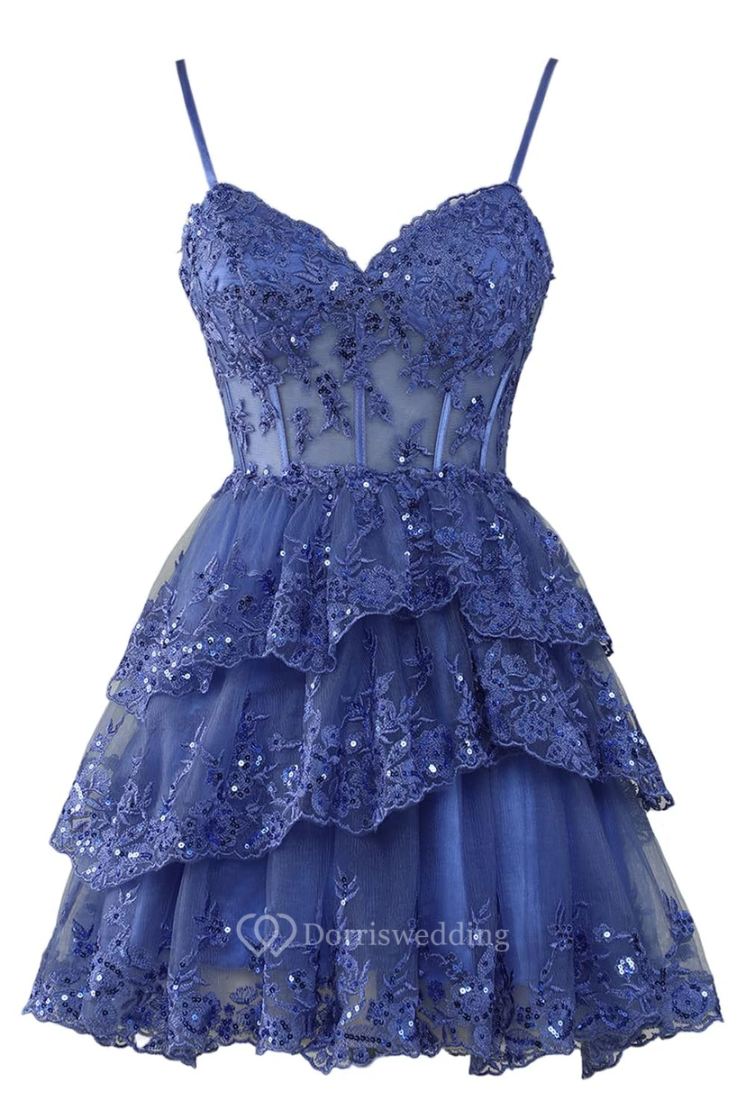 Blue Off-the-Shoulder Short Dress with Lace view 35