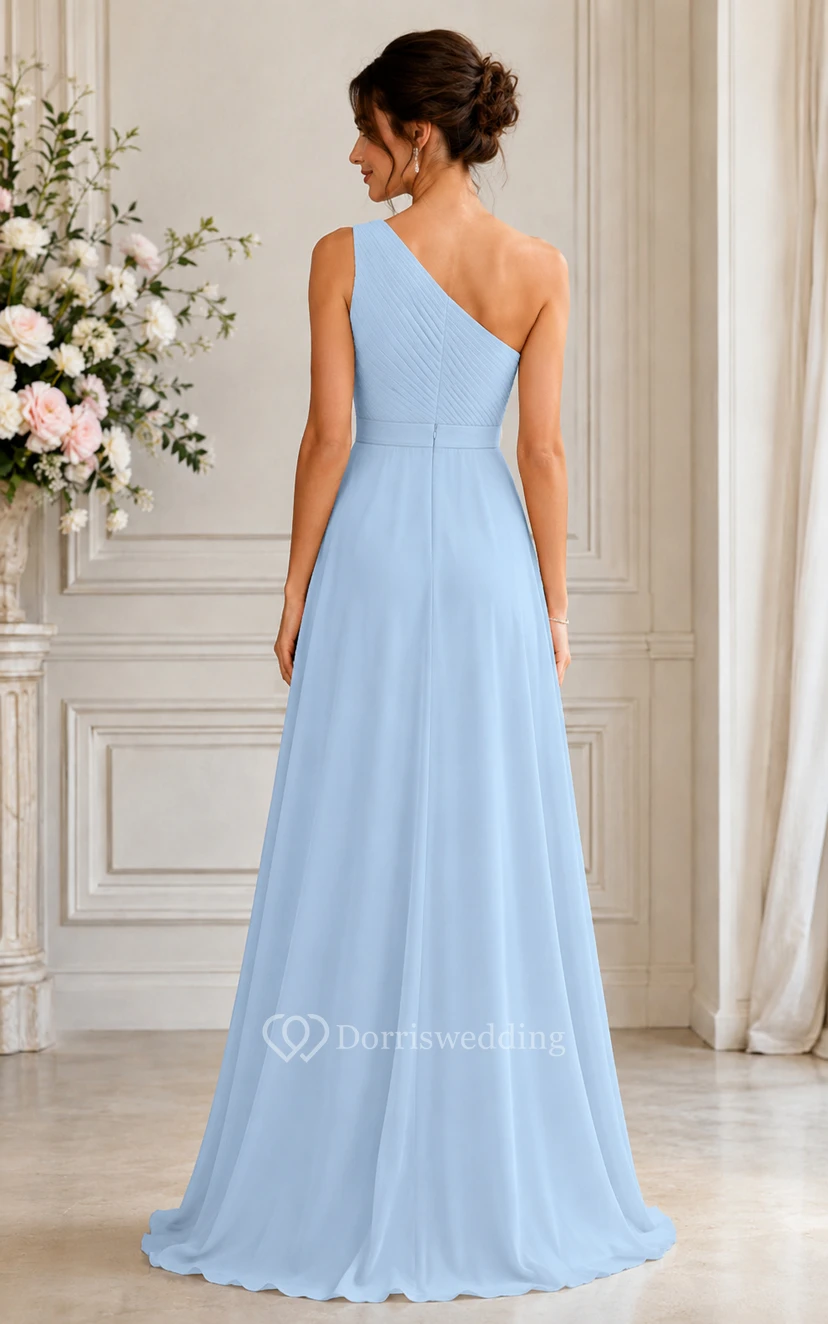 Sky Blue One-Shoulder A-Line Chiffon Bridesmaid Dress view 2
