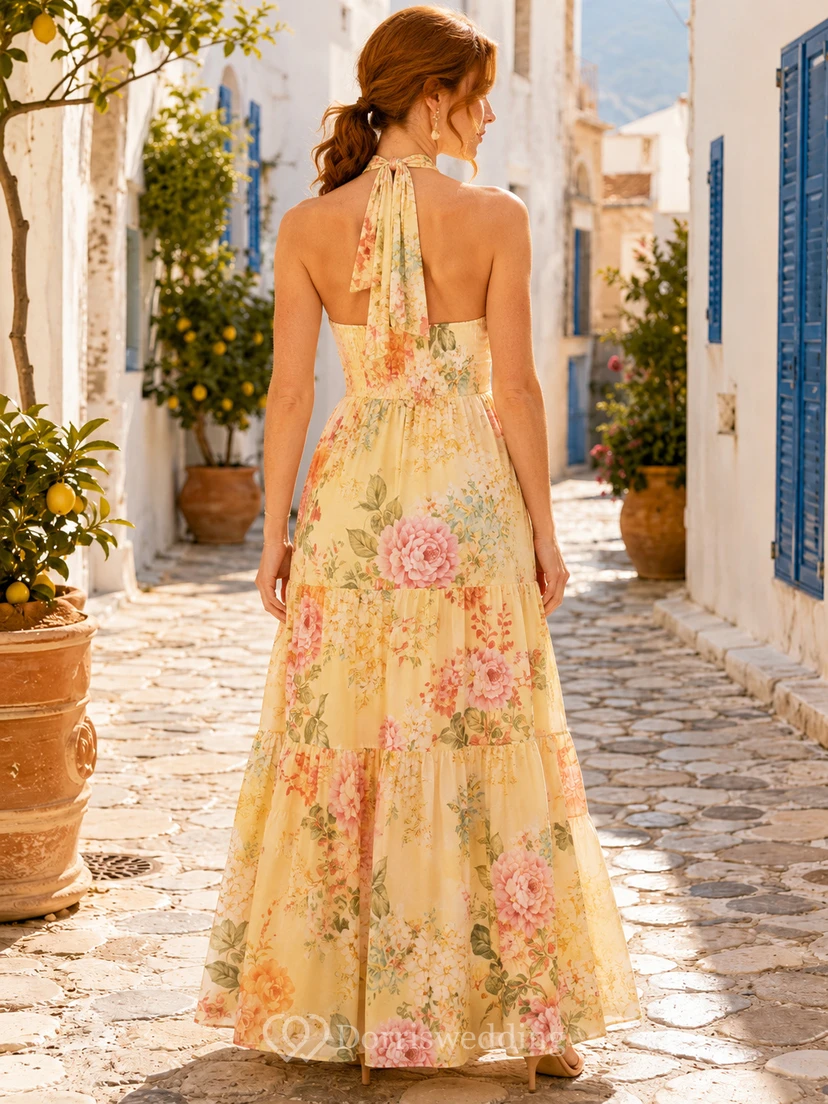 Yellow Floral Halter Neck Resort Summer Maxi Dress view 2