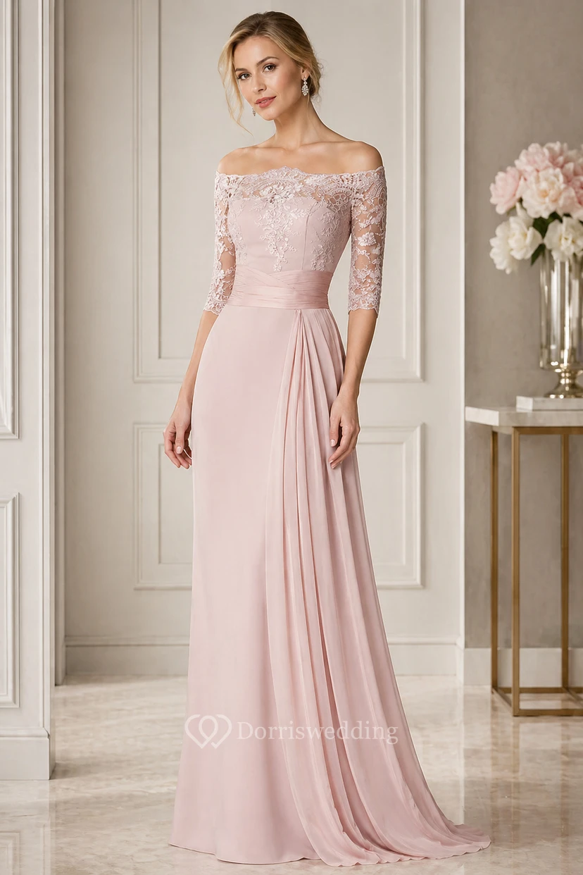 Sheath Half-Sleeve Off-The-Shoulder Appliqued Maxi Chiffon Prom Dress