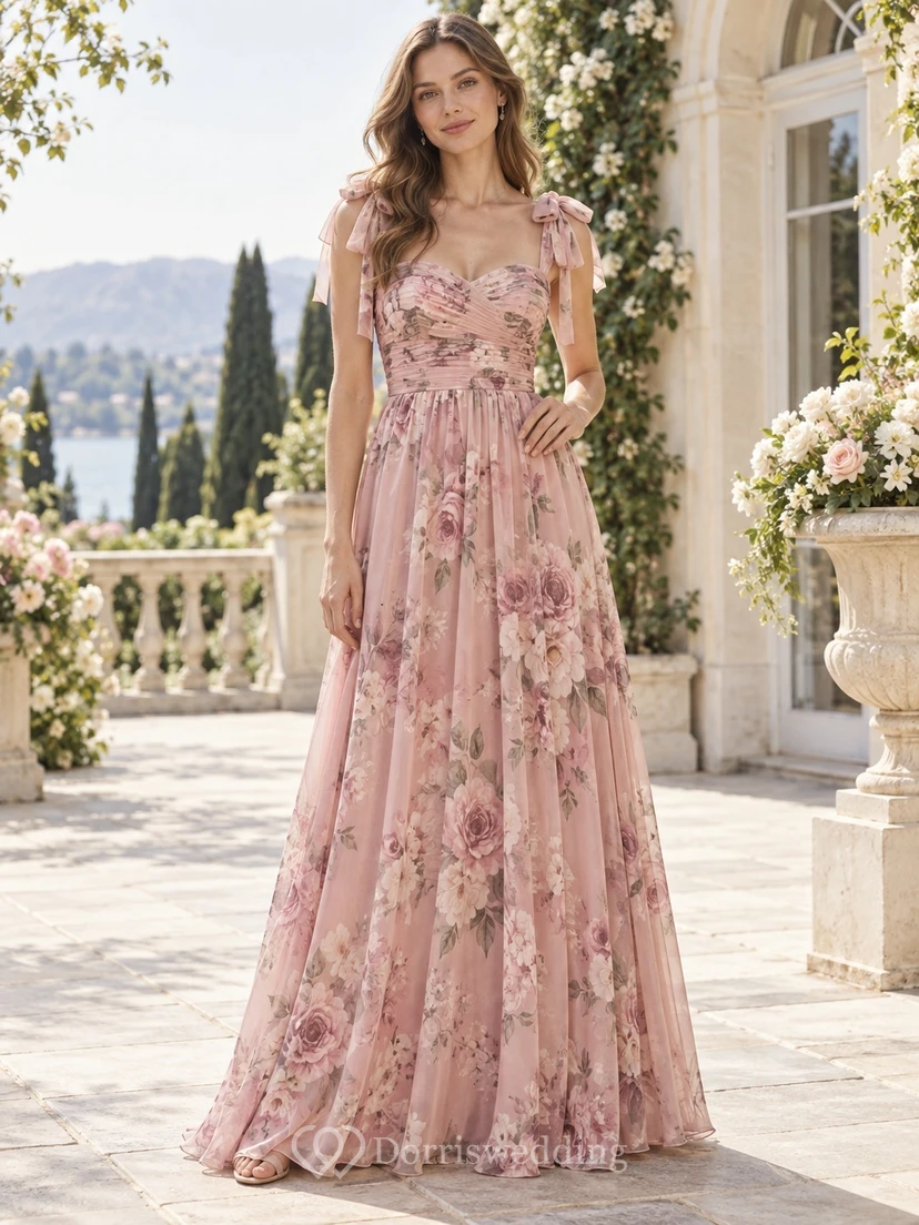 Vestido de dama de honor de gasa rosa rubor con lazo floral, tirantes, escote en V y largo hasta el suelo, corte en A.