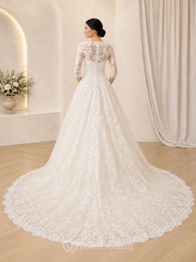 Robe de mariée romantique style bateau, manches trois-quarts en dentelle, coupe chapelle view 2