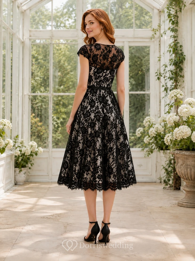 Schwarzes und weißes Vintage-Cocktailkleid mit floraler Spitze, kurzen Ärmeln und Teelänge in A-Linie view 2