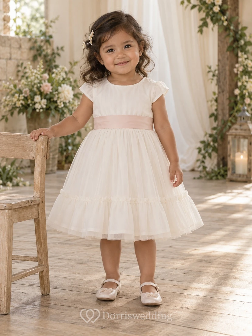 Simple Modest Ivory Knee Length Narrow Blush Band Cap Sleeve Tiered Flower Girl Dress