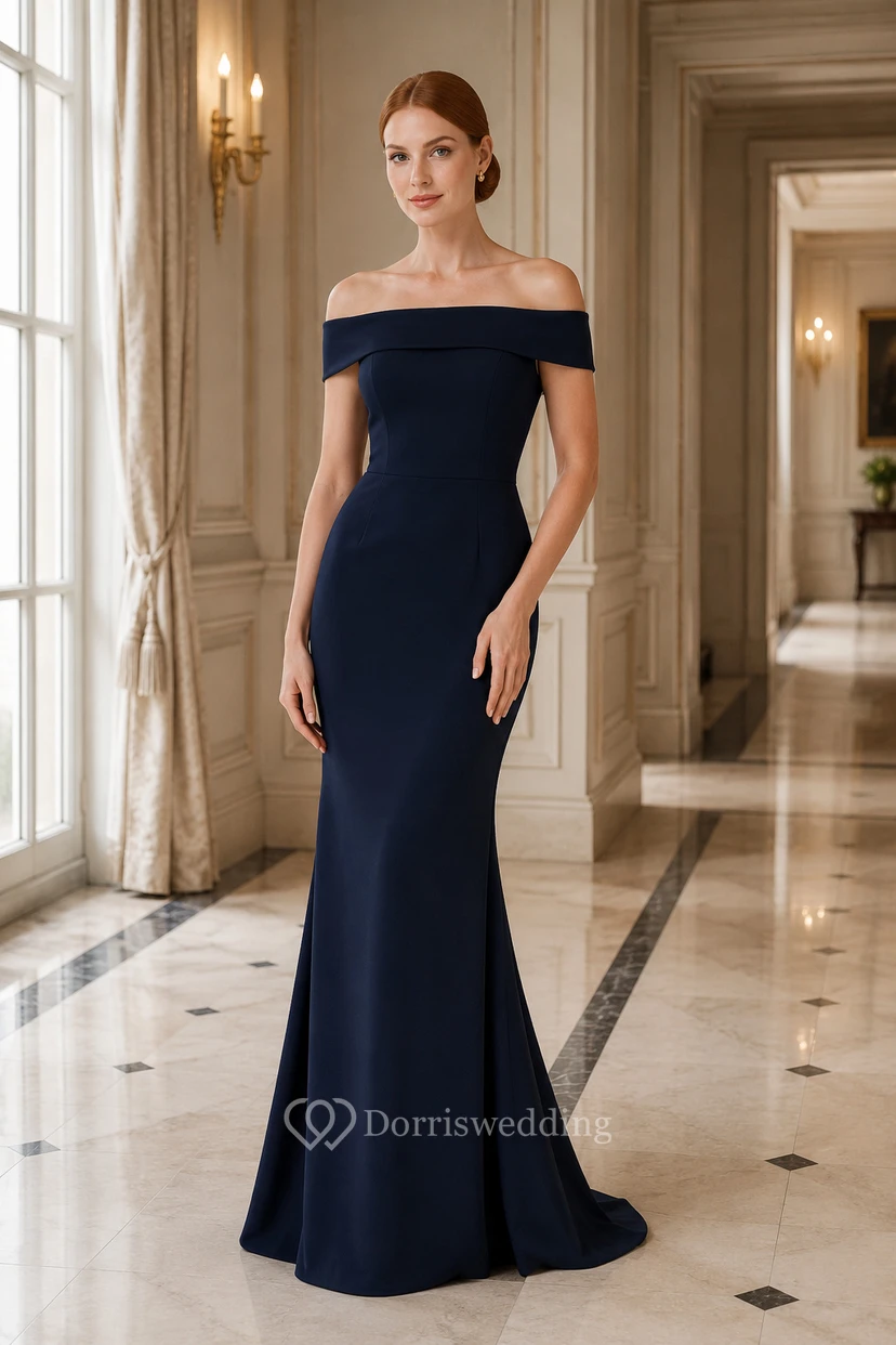 Dunkelblaues schulterfreies Meerjungfrauen-Abendkleid