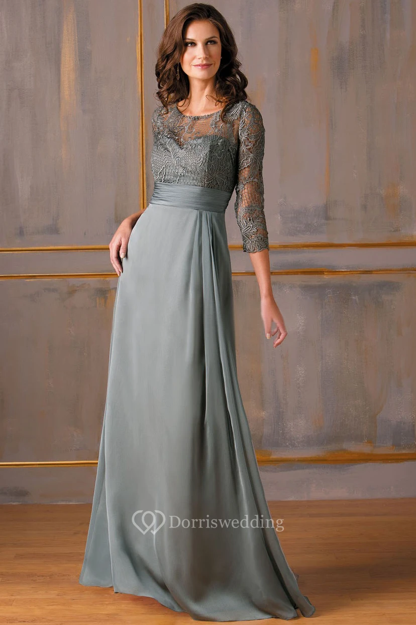 3-4 Sleeved Gown With Lace Bodice And Keyholes Back