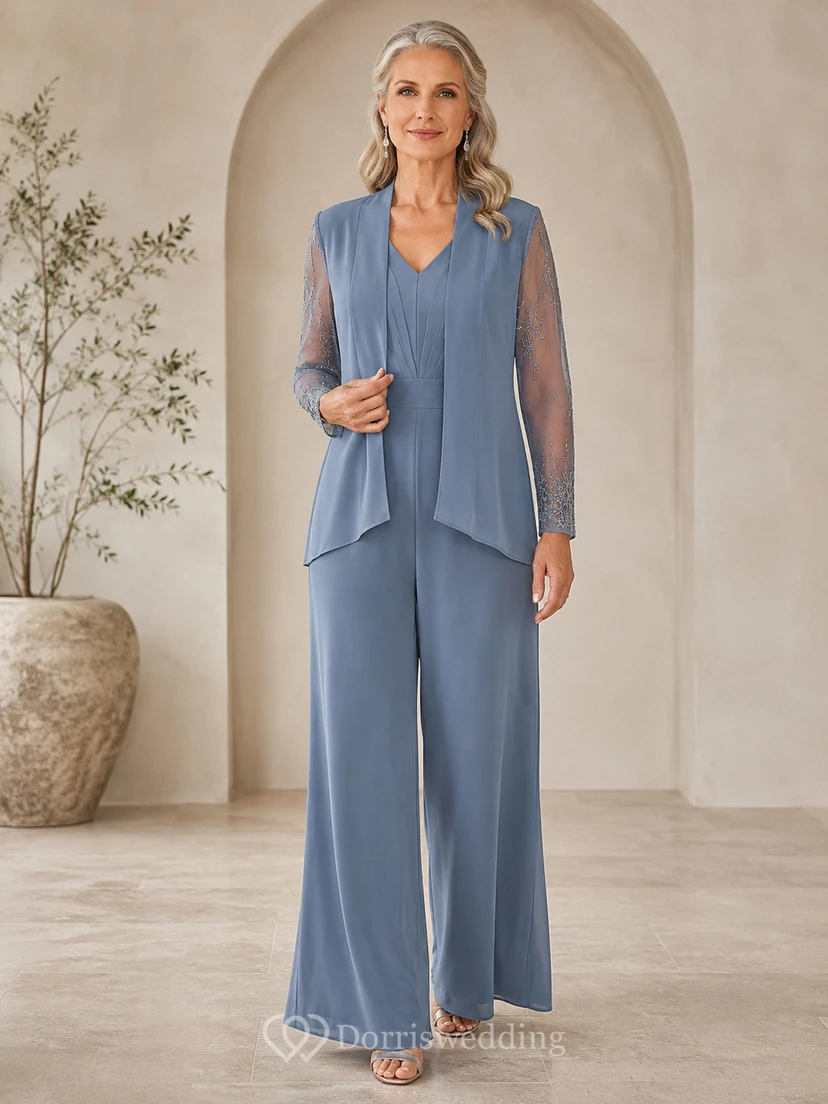 Steel Blue Mother Pantsuit with Sheer Sleeve Jacket, V Neck Top and Wide Leg Pants